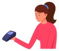 Woman holding NFC device. Mobile payment card reader