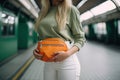 a woman holding a orange bag at a train station Royalty Free Stock Photo