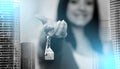 Woman holding out house keys, light effect; multiple exposure Royalty Free Stock Photo