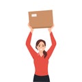 Woman holding package box up by her hands. Person working as a courier, delivery service. Brown package, idea of transportation