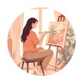 Woman holding paintbrushes, sitting at easels, creating