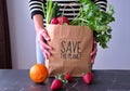 Woman holding paper bag with food Royalty Free Stock Photo