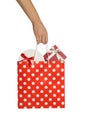 Woman holding paper shopping bag full of gift boxes on white background, closeup Royalty Free Stock Photo