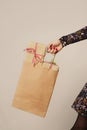 woman holding a paper shopping bag full of gifts Royalty Free Stock Photo