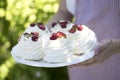 Pavlova cakes with cream and fresh summer berries Royalty Free Stock Photo