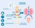 woman holding pee with kidney and bladder anatomy, health care infographic, cystitis concept