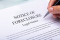 Woman Holding Pen Over Notice Of Foreclosure Document