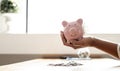 A woman holding a piggy bank in the shape of a pink pig. Royalty Free Stock Photo