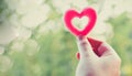 Woman holding pink heart in hands for valentines day or donate help give love warmth take care - heart on hand for philanthropy Royalty Free Stock Photo