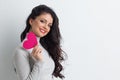 Woman holding pink paper heart Royalty Free Stock Photo