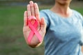 woman holding pink ribbon breast cancer awareness Royalty Free Stock Photo