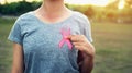 woman holding pink ribbon breast cancer awareness Royalty Free Stock Photo