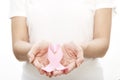 Woman holding a pink ribbon. Royalty Free Stock Photo