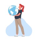 Woman holding planet Earth in her arms. Ecologic help and environment care, girl embracing earth. Support nature. Energy Royalty Free Stock Photo