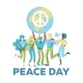 Women and Men Holding Planet with Peace symbol Flat Vector Illustration. Activist With Globe Faceless Cartoon Character.