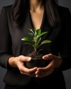 A Woman holding a plant. a business woman presenting a new plant. Generative AI