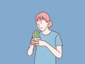Woman holding plant cactus Happy posing simple korean style illustration