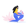 Woman holding plastic bottle illustration. Female character in yellow sweater and blue pants relaxing in nature and