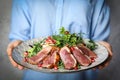 Woman holding plate with roasted duck breast on background, closeup Royalty Free Stock Photo