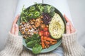 Woman holding plate with vegan or vegetarian food. Buddha bowl with fresh vegetables. Healthy eating Royalty Free Stock Photo