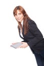 Woman holding a portable computer and smiling Royalty Free Stock Photo