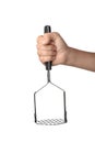 Woman holding potato masher on white background.