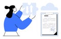 Woman Holding Puzzle Piece with Arrows Near a Signed Document and Cloud Royalty Free Stock Photo