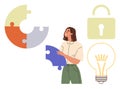 Woman Holding Puzzle Piece with Lock and Light Bulb Representing Problem-Solving and Idea Generation Royalty Free Stock Photo