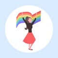 Woman holding rainbow flag love parade lgbt pride festival concept girl lesbian female cartoon character full length