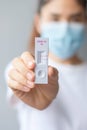 Woman holding Rapid Antigen Test kit with Negative result during swab COVID-19 testing. Coronavirus Self nasal or Home test, Royalty Free Stock Photo