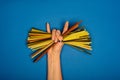 woman holding raw spaghetti and showing Royalty Free Stock Photo