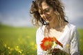 Woman holding red flowers in field. Royalty Free Stock Photo