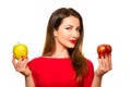 Woman Holding Red and Green Apple Fruit Smiling Isolated on Whit Royalty Free Stock Photo