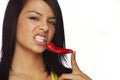 Woman holding red hot chili pepper Royalty Free Stock Photo