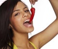 Woman holding red hot chili pepper Royalty Free Stock Photo