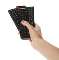 Woman holding remote controls on white background, closeup Royalty Free Stock Photo