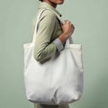 Woman holding white fabric tote bag on green blank background for mockup Royalty Free Stock Photo