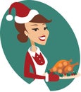 Woman holding roasted christmas turkey