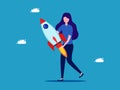 Woman holding a rocket. Starting a business. vector