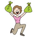 Woman holding runaway savings money bag