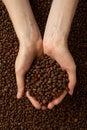 Woman holding shelled pine nuts, closeup. Organic snack, healthy food, top view