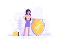 Woman is holding a shield covering from attacks. Protection, insurance, from business dangers concept. Modern vector illustration