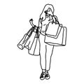 Woman holding shopping bags closing her face vector illustration sketch doodle hand drawn with black lines isolated on white Royalty Free Stock Photo