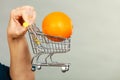 Woman holding shopping cart with orange inside Royalty Free Stock Photo