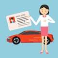 Woman holding show driver driving license in front car Royalty Free Stock Photo