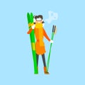 Woman Holding Skis and wearing Goggles. Vector