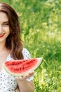 Woman holding slice of watermelon Royalty Free Stock Photo