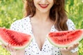 Woman holding slices of watermelon Royalty Free Stock Photo