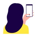 Woman holding smartphone, back view. Girl taking photo, selfie. Photo girl on phone. Phone, Internet User. Vector illustration on