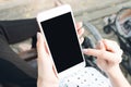 Woman holding smartphone in the benches in the park. can be used for ad Royalty Free Stock Photo